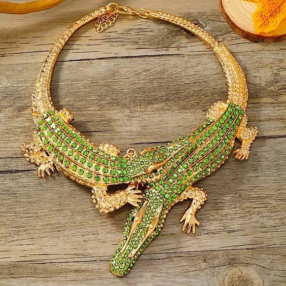 Gold Mint Green Crocodile Alligator Choker Statement Necklace Double Headed - Picture 2 of 4